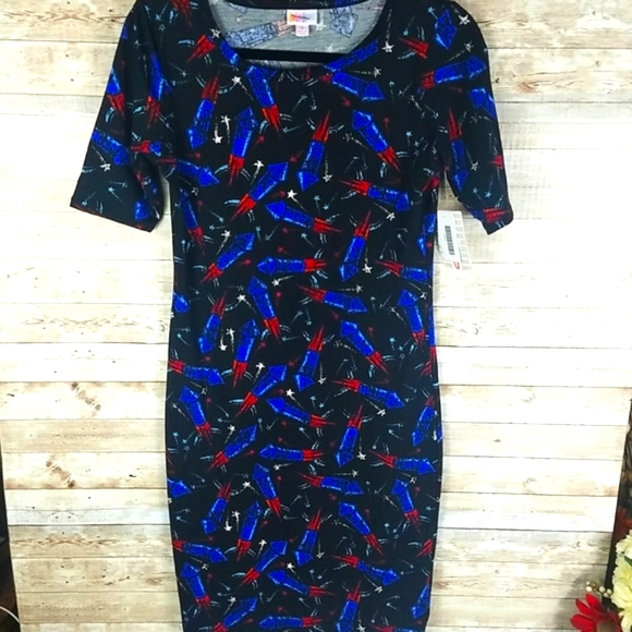 LulaRoe, Navy and Red fitted dress with fireworks, Sz S - Picture 2 of 6
